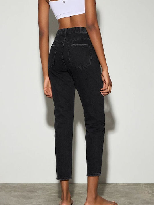 High Waist Women's Jean Trousers in Mom Fit Black Denim