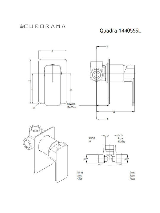 Eurorama Quadra Built-in Faucet Mixer for for Bathroom Sink 1 Exit Black Matt