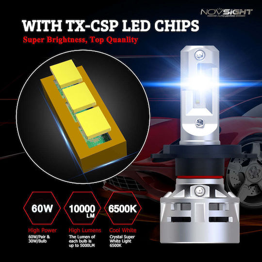 NovSight Lamps Car H4 Canbus LED 6500K Cold White 12-24V 60W 2pcs