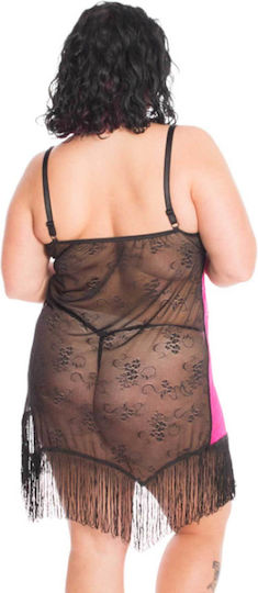 Sexy Babydoll Free Move Νυχτικό & String Όλο Δανδέλα Κρόσια Plus Size 20709-Schwarzes Fuchsia