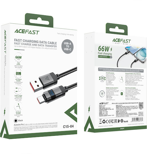 Acefast LED / Geflochten USB 2.0 Kabel USB-C männlich - USB-A 66W Schwarz 1.2m (C15-04)