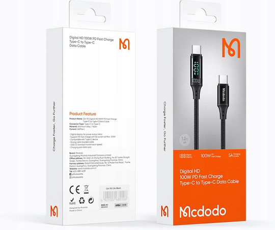 Mcdodo CA-1100 Braided / LED USB 2.0 Cable USB-C male - USB-C 100W PD Μαύρο 1.2m CA-1100