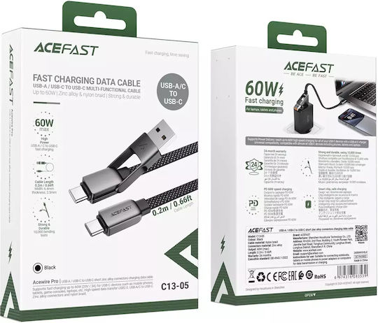 Acefast USB 2.0 Cable USB-C male - USB-A / USB-C 60W Μαύρο 0.2m C13-05