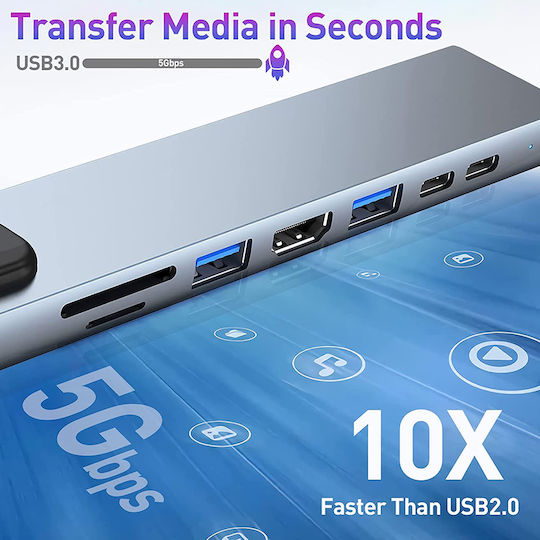 Techsuit Netbridge 8 In 1 (H2) USB-C Docking Station με HDMI 4K PD Ethernet Γκρι