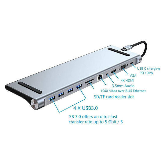 A-014 USB-C Докинг станция с HDMI 4K PD Ethernet Сребрист