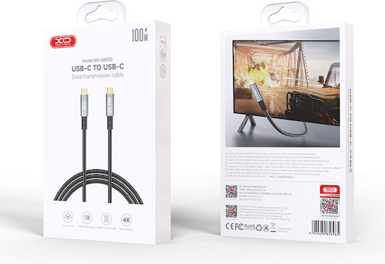 XO Cablu Video Împletit USB 3.2 USB-C Masculin - USB-C 100W PD Negru 1m 249-0116