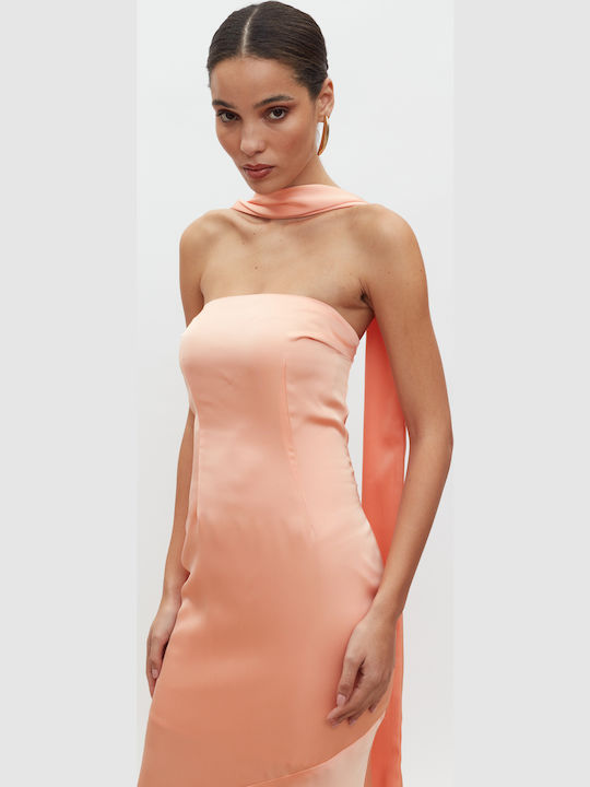 Maxi Βραδινό Φόρεμα Strapless Σατέν Peach
