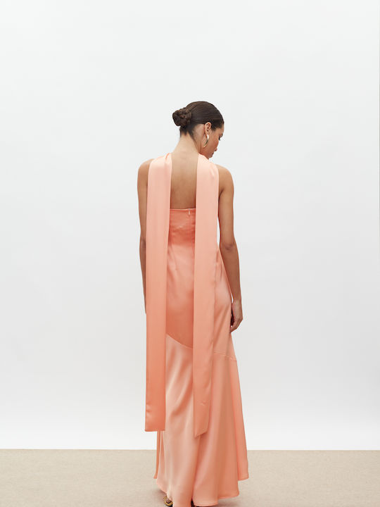Maxi Βραδινό Φόρεμα Strapless Σατέν Peach