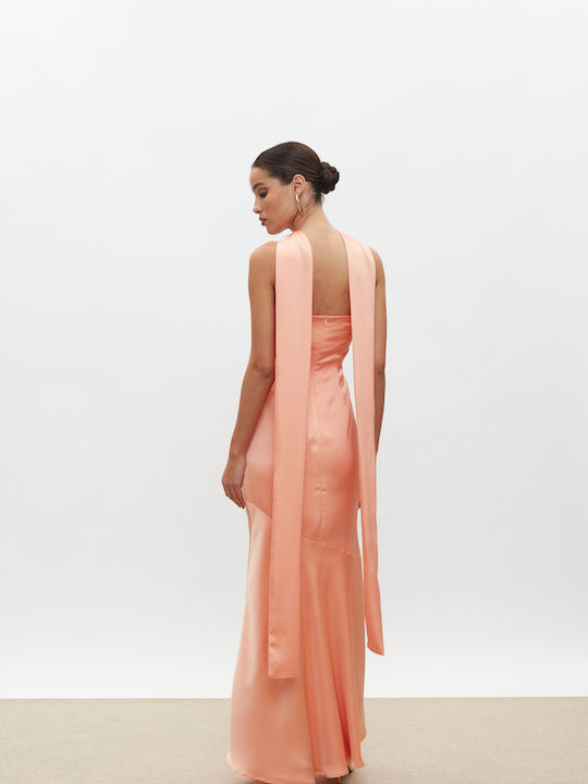 Maxi Βραδινό Φόρεμα Strapless Σατέν Peach