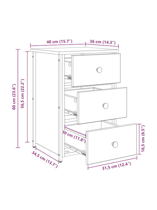 Wooden Bedside Table with Metal Legs Old Wood 40x36x60cm