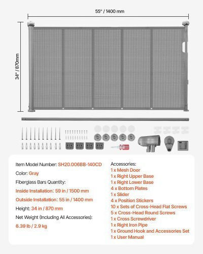 Vevor Retractable Baby Gate 870 Mm Tall Extend To 1400 Mm Wide Kids Pets Gray