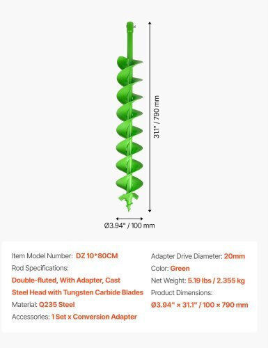 Vevor Auger Drill Bit 3.94 X 31.1 In Earth Spiral Post Hole Digger Planter Tool