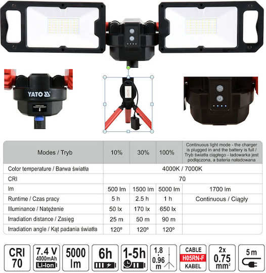 Yato Battery Jobsite Light LED with Brightness up to 5000lm
