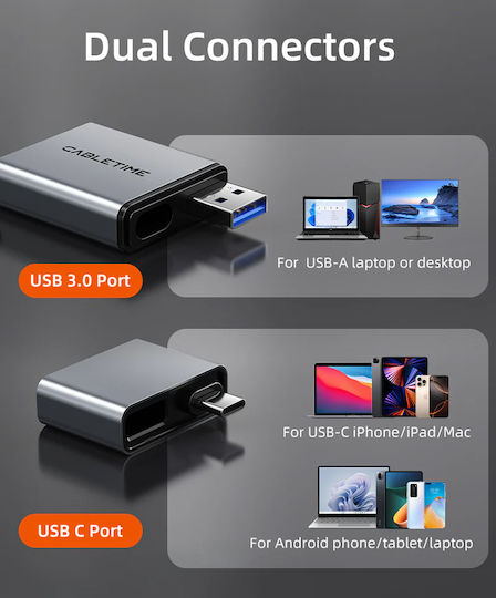 Cabletime Кард Рийдър USB 3.0 Type-C За SD Сива