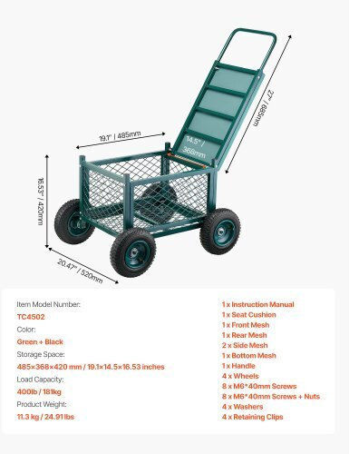 Garden Cart Four-wheel with Maximum Load Weight 181kg