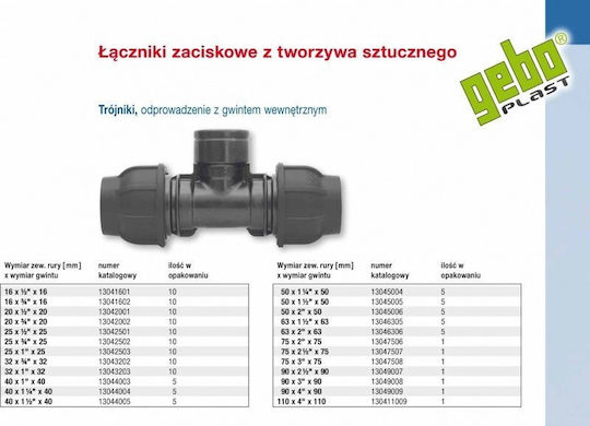 Pp 90° Tee Pentru Țevi Cu Clema 50x2""x50 Filet Interior Pn16 Țevi Pe Culoare Neagră