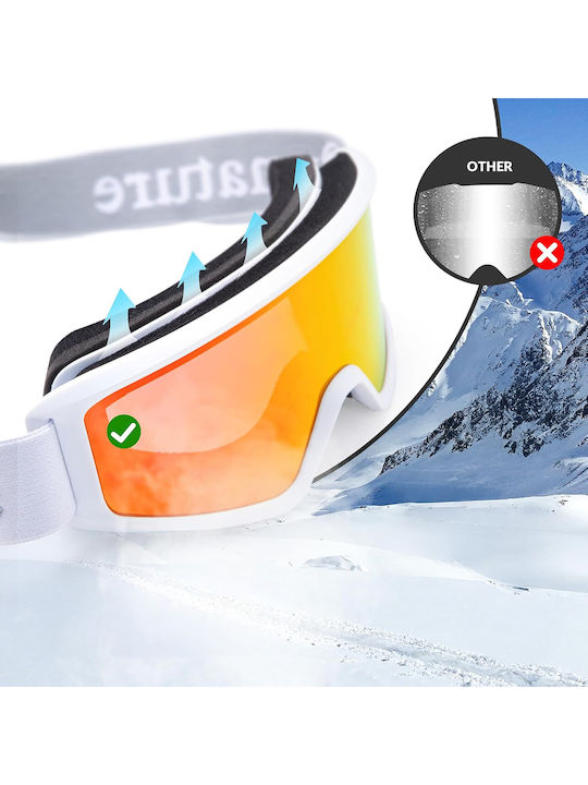 Qunature Ski & Snowboard Goggles Kids White with Lens in Red Color