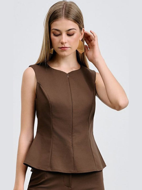 Women's Blouse Cotton Sleeveless with Zipper Brown