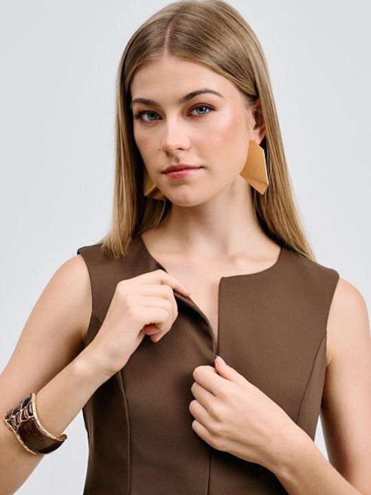 Women's Blouse Cotton Sleeveless with Zipper Brown