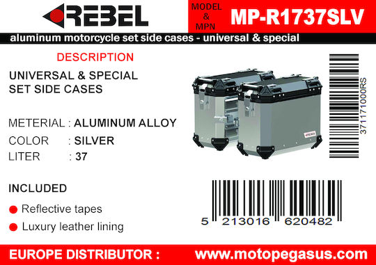 Rebel Mp-r1737slv Universale Seiten Motorrad-Topcases Aluminium 37lt Silber