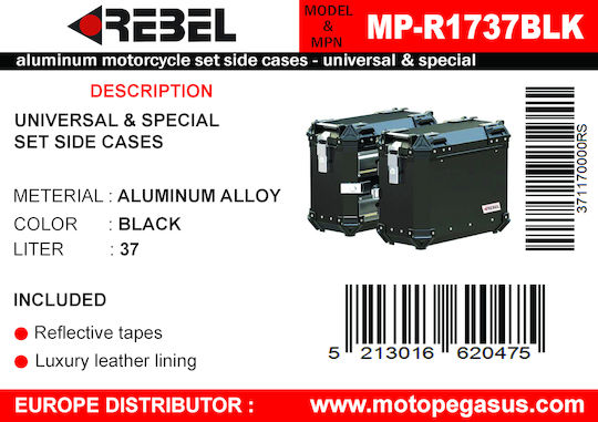Rebel Mp-r1737blk Universale Seiten Motorrad-Topcases Aluminium 37lt Schwarze