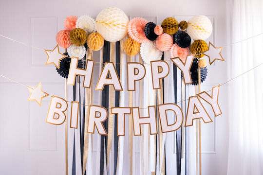 Γιρλάντα "happy Birthday" Κρεμ Χρυσή Αστέρια