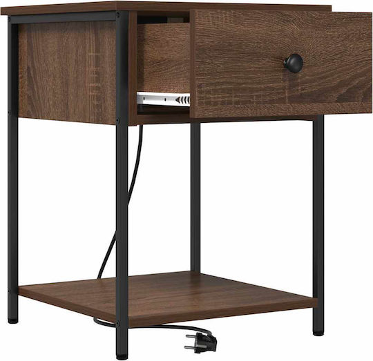 Metal Bedside Table with Glass Surface Brown Oak 42x41x56cm