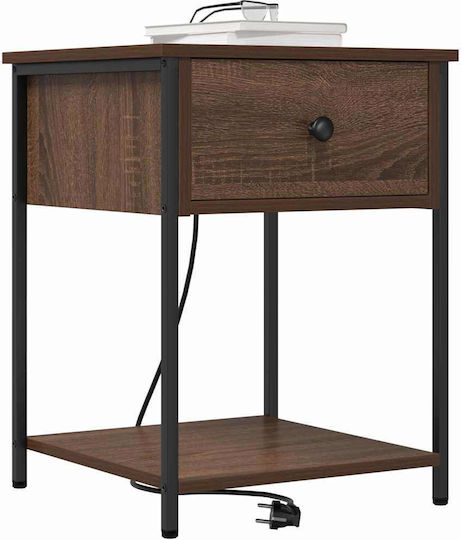 Metal Bedside Table with Glass Surface Brown Oak 42x41x56cm