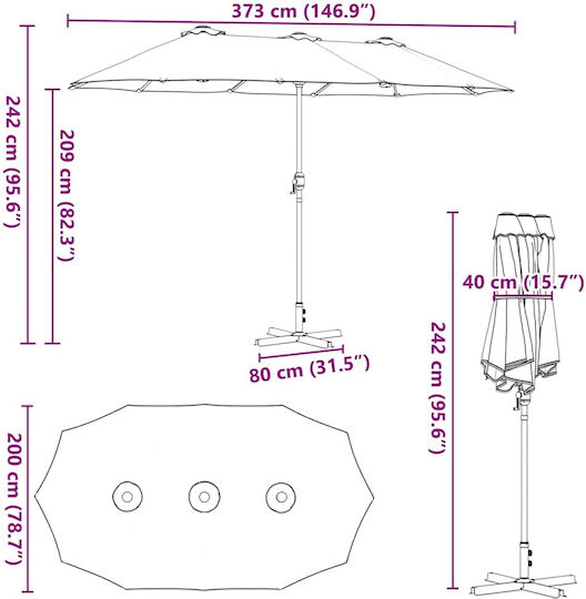 Aluminium Burgundische Garten- und Terrassen-Sonnenschirm 3,8x1,96xHöhe 2,35 m