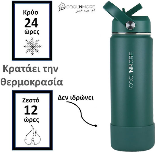 Cool'NMore Thermos Bottle Stainless Steel BPA Free 500ml Moss Green with Mouthpiece Loop Straw and Handle