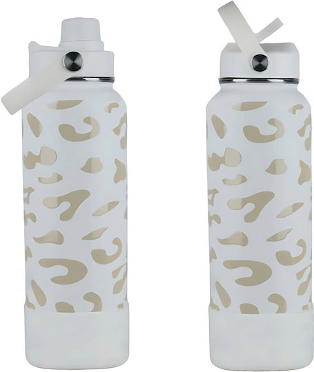 Cool'NMore Thermos Bottle Stainless Steel BPA Free 1lt White with Mouthpiece Loop Straw and Handle