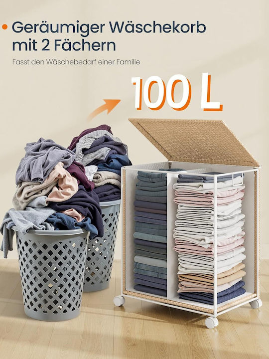 Songmics Wicker Laundry Basket 100lt with Cap 46.5x37.5x65cm Beige