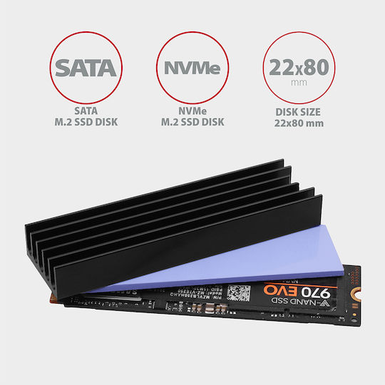 Axagon M.2 SSD-Kühlung 80mm SSD ALU Gehäuse Silikon-Wärmeleitpads Höhe 10mm Schwarze