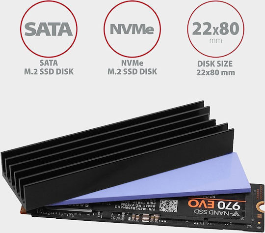 Axagon M.2 SSD-Kühlung 80mm SSD ALU Gehäuse Silikon-Wärmeleitpads Höhe 10mm Schwarze