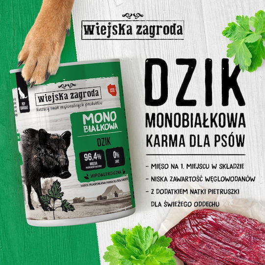 Wiejska Zagroda Wet Food Dogs in Cans with Wild Boar, Meat, Vegetables, Salmon and Potatoes Grain-Free 400gr