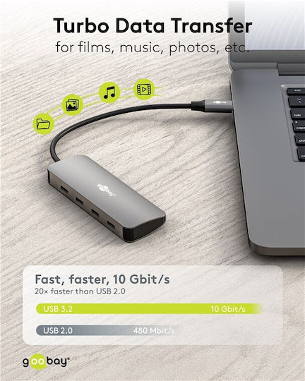 Goobay USB Хъб 4 Порта USB 3.2 с USB-C Връзка Сив
