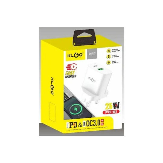 KLGO Charger Without Cable with USB-A Port and USB-C Port 25W Whites (PD-61)