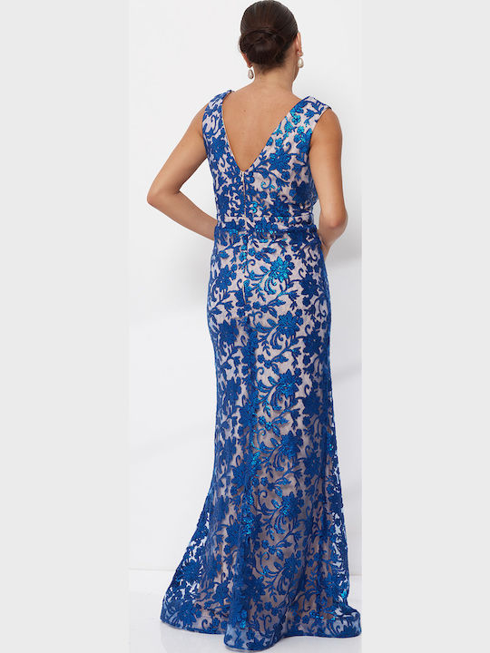 Maxi Abendkleid mit Spitze & Transparenz Blau