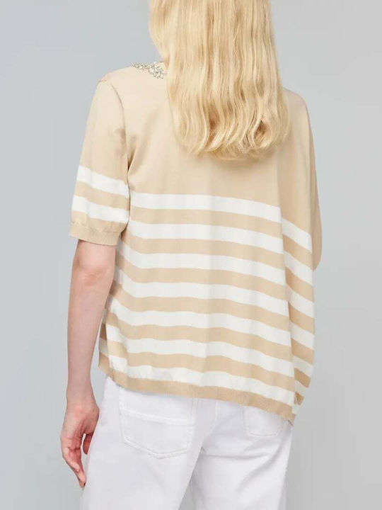 Women's Sweater Cotton with 3/4 Sleeve Striped Beige, White