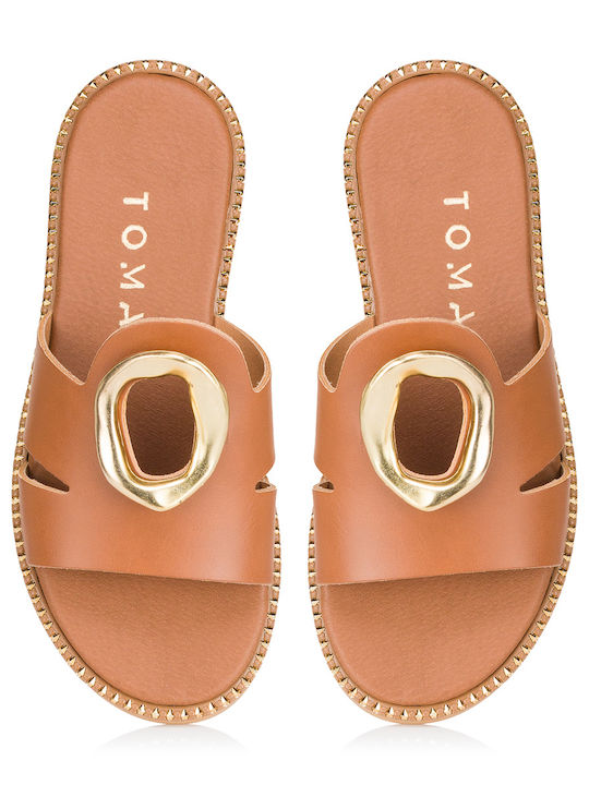 Leather Women's Flat Sandals in Tabac Brown Color