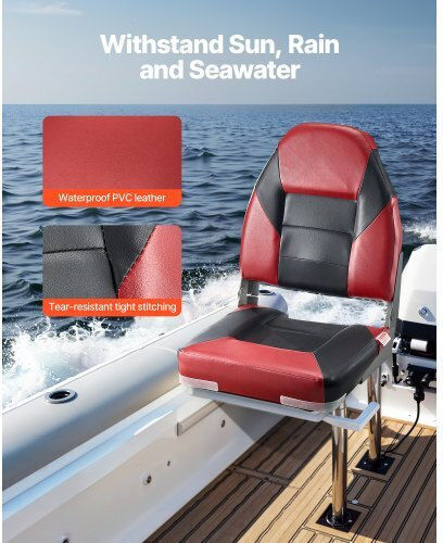 Vevor Boat Seat High Backrest Folding Boat Seat Sponge Cushion Black & Red