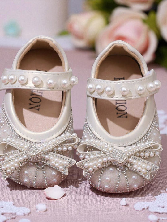 Kids Leather Ballerinas with Hoop & Loop Closure Ecru