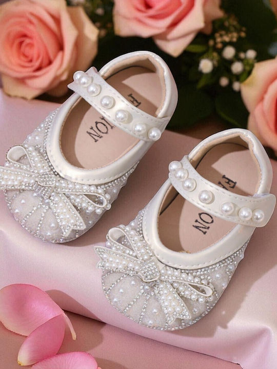 Kids Leather Ballerinas with Hoop & Loop Closure Ecru