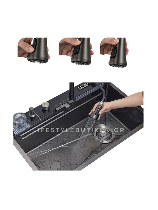 Naron Επικαθήμενος Νεροχύτης Inox Brushed με Μπαταρία Μ75xΠ46cm Γκρι