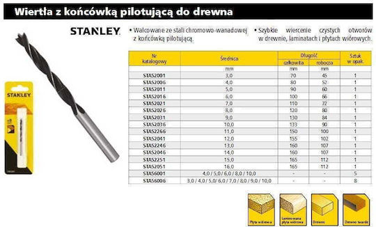 Stanley Свредло с Цилиндрична Опашка за Дървο 5мм