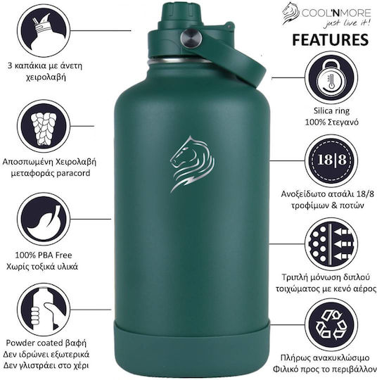 Cool'NMore Μπουκάλι Θερμός Ανοξείδωτο BPA Free 2lt Moss Green με Επιστόμιο, Θηλιά, Καλαμάκι και Λαβή