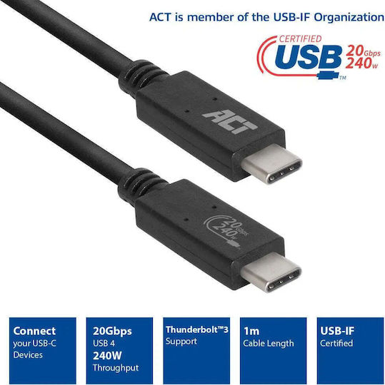 Act USB 4 Video Kabel USB-C männlich - USB-C 240W PD Schwarz 1m AC7431