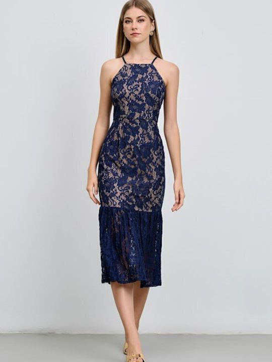 Summer Midi Dress for Wedding Christening with Lace Dark Blue