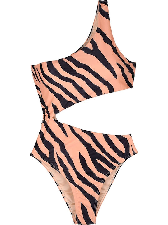 One Piece Swimsuit with Openings Animal Print Beige