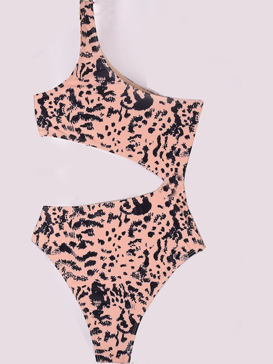 One-Piece Swimsuit with Cutouts Beige Animal Print